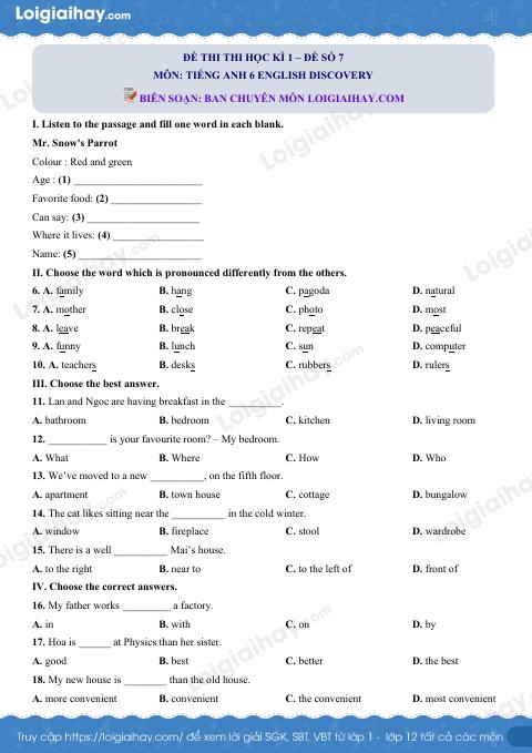 Đề thi học kì 1 Tiếng Anh 6 English Discovery - Đề số 7